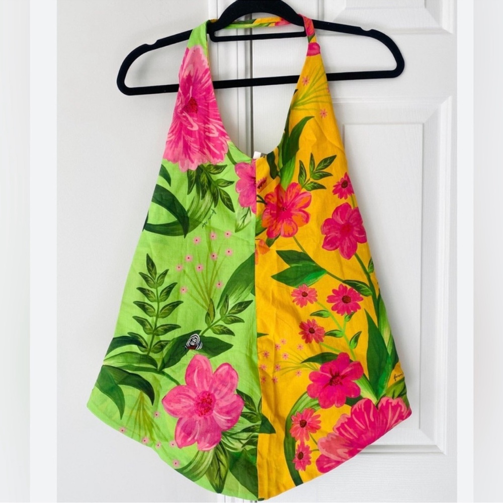 FARM Rio Pink Floral Halter Top with Green and Yellow Panels